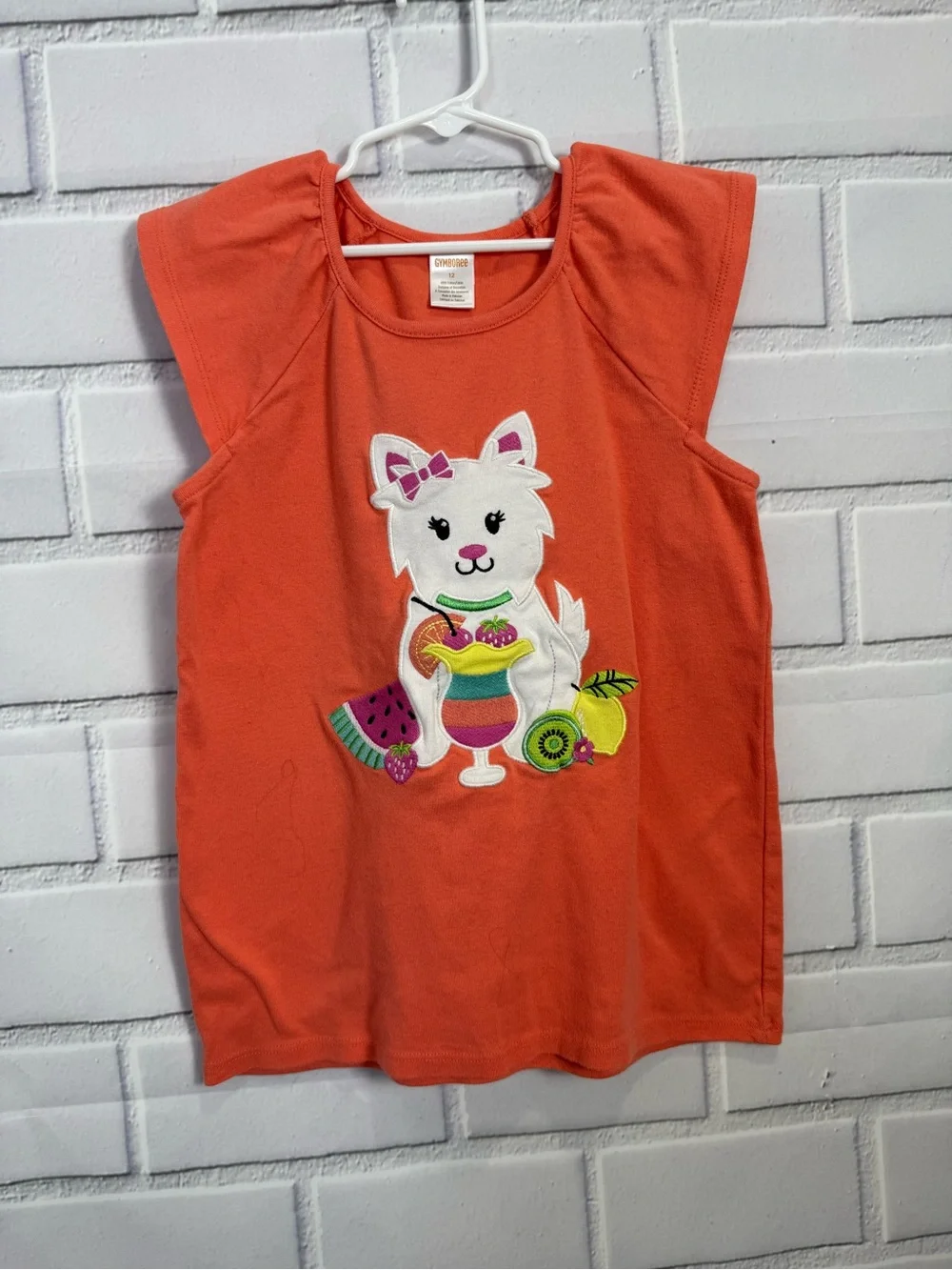 Gymboree Girls Orange Kitty Graphic Flutter Sleeve Top Size 12 Summer Cute
